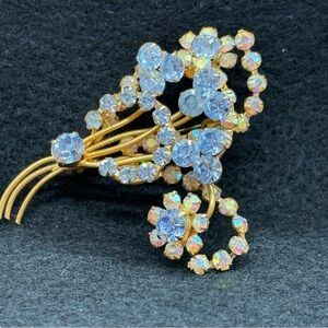 Vintage Aurora Borealis and Blue Crystal Floral Bouquet Brooch Made in Austria